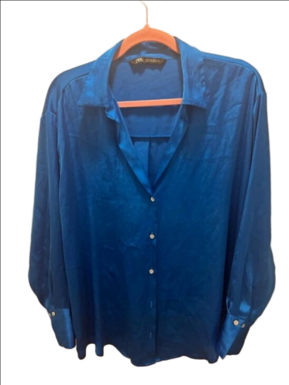 Zara Royal Blue Satin Long Sleeve Button-Up Blouse L